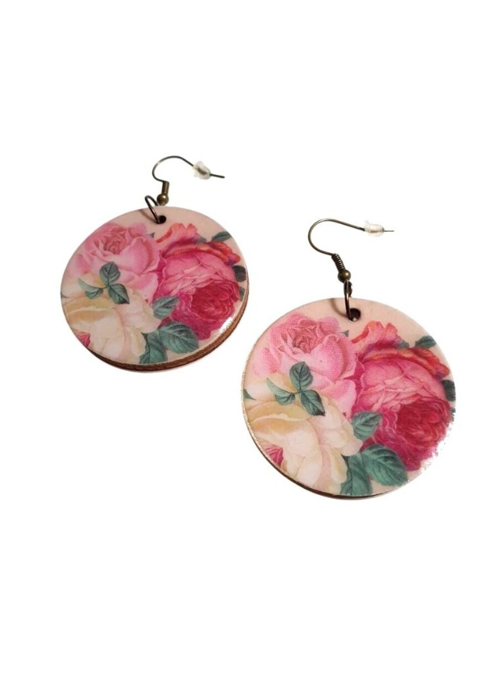 Floral Round Wooden Dangle Earrings Pink White Rose Lightweight Hook Closure